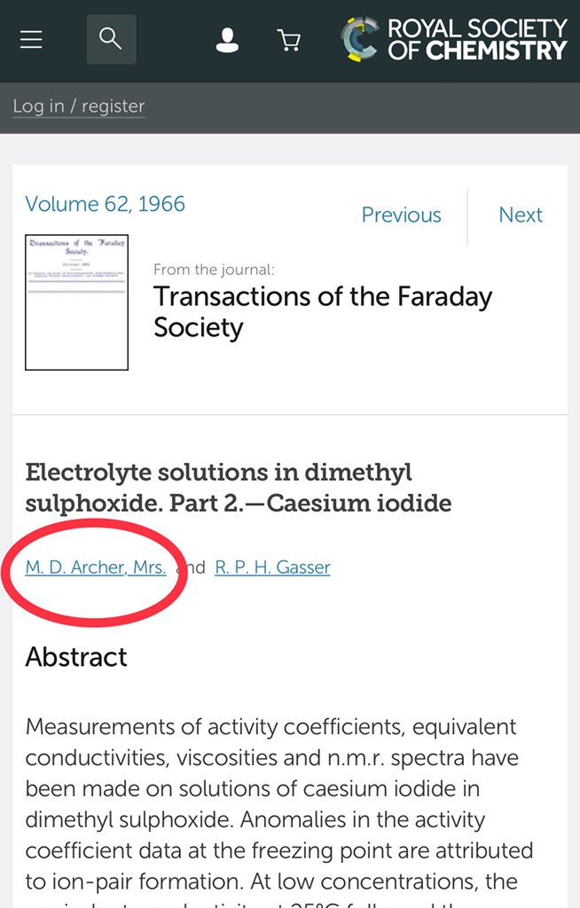 jesswade's tweet photo. 🤣 When Dame Mary Archer submitted her first paper (as a Masters student @OxfordChemistry), @RoySocChem’s Transactions of the Faraday Society made a point of her recent marriage 🤦🏻♀️ #AthenaLecture x #WomenInSTEM https://t.co/rPy8XsIF2k