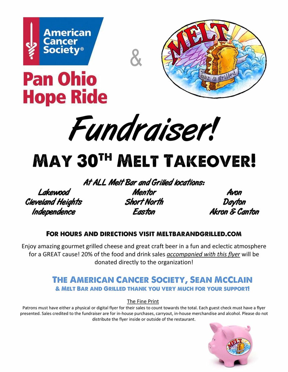 SeanMcClain's tweet photo. Today all Melt locations in Ohio, including NE Ohio, Columbus, and Dayton, will be having a Melt Takeover. When you bring or show this flyer to any Melt that day 20% of food and drink sales will be donated to the American Cancer Society and the Pan Ohio Hope Ride. https://t.co/PZ8rJLeesQ