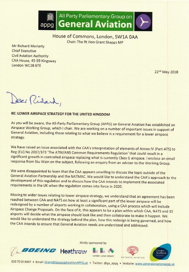 APPG_GA's tweet image. Our #Airspace Working Group, chaired by @LordKirkhope, has written to new Chief Executive of @UK_CAA to ensure #GeneralAviation needs are addressed in any lower airspace strategy. Read more here: generalaviationappg.uk/parliamentary-…