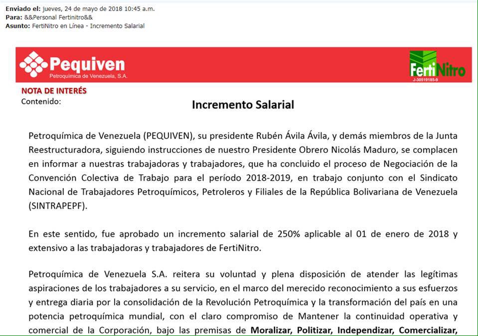 SoyChavista78's tweet photo. Después que @AvilaAPequiven anunciara el aumento salarial y enviar esto por correo interno la gerente de RRHH de @PequivenSA lo deja sin efecto ya que al liquidar al personal de #Fertinitro y pasarlo a Pequiven con cálculo al salario anterior, roban la mitad de las prestaciones. https://t.co/jyl9x0zFgk