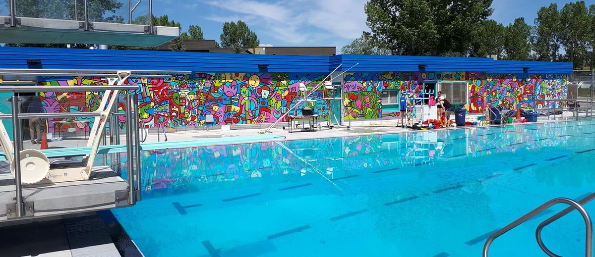 deanstanton's tweet photo. the new mural at #silversprings #pool #community is almost done 💦what a stylin' place to cool off! #yycartist #yycarts #interactiveart #interactivemural #deanstanton #yycpool https://t.co/sAKHhPXSPr