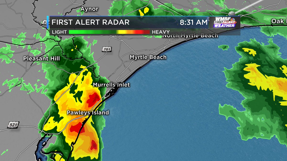 MarlaBranson's tweet photo. Heads up! Radar update at 8:30 heavy rain is moving through the Grand Strand. We'll wave bye to the rain by noon and start to enjoy some sun at the beach this afternoon. https://t.co/O1wSqMVzkQ