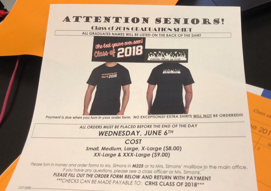 2018Crhs's tweet photo. one last order form for a class shirt..don’t miss out on it! money due to ms simons by Wednesday June 6th. don’t be the only one left out! https://t.co/YMVC1rnq9G