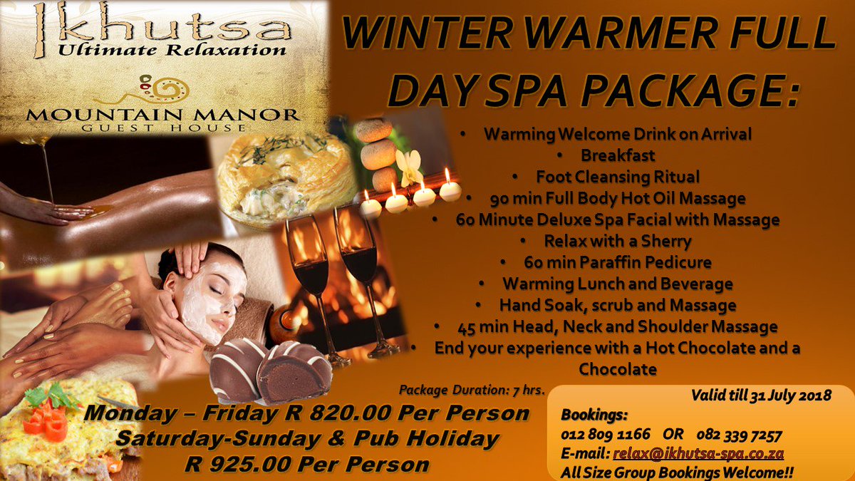 IkhutsaSpa's tweet photo. WARM UP THIS WEEKEND WITH FULL DAY MADNESS SPECIAL OFFER! 
ONLY FOR 2nd JUNE 2018 R820.00 P.P. 
Normal Price R925.00 P.P
Book Now to avoid disappointment!
Groups of all sizes welcome!! 
Bookings Essential: 
Phone: 012 809 1166/1157 OR 082 339 7257
E-mail: relax@ikhutsa-spa.co.za https://t.co/hhfGhwdCyW