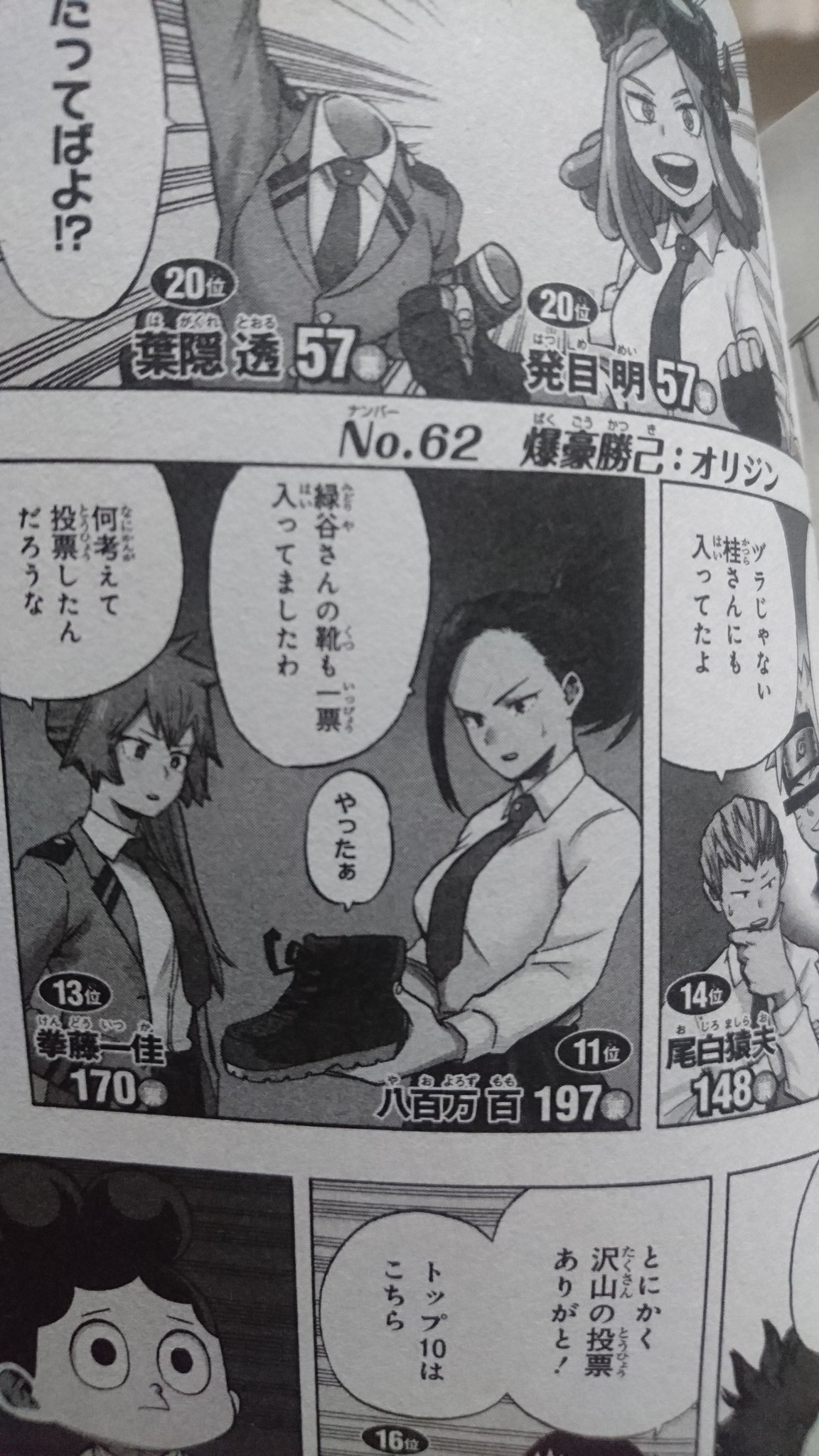 煮干背脂そば ゲームはだいたいモクソン 今週のジャンプ見てて気づいたけど 第1回人気投票でデクの靴に1票って もしかして 洸汰くんか その1票は もしや 伏線か ヒロアカ 僕のヒーローアカデミア T Co Rgstmk16g5 Twitter