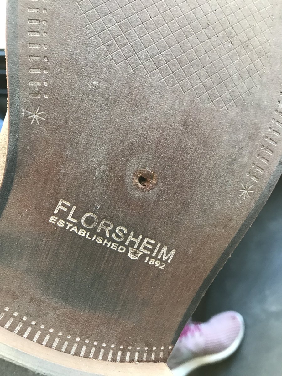 While running past a restaurant reno site on my way to school, this bolt lodged in my shoe! Bad news: my favourite shoe. Good news: it’s quality saved me a trip to the hospital! Nothing a little contact cement won’t fix 😅Thanks <a href="/FlorsheimShoes/">Florsheim Shoes</a>