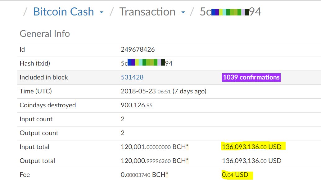 imkeshav's tweet photo. @Chainstarter @PhillipNunnUK Someone sent $136 million using #bitcoinCash and paid 4 cents in fees #deadcheap https://t.co/duFoflJjuZ