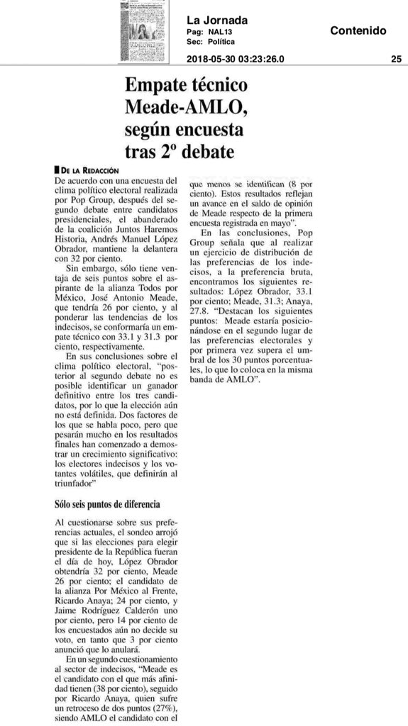 VRubioMarquez's tweet photo. Encuesta levantada del 23-28 mayo hoy en @LaJornada, @JoseAMeadeK en claro 2do lugar después del debate. Si uno revisa el análisis del diario, con los indecisos estamos en ruta al 1er lugar. El voto que define que tengamos un México mejor es el que va por #MeadePresidente https://t.co/Qjl67925Uv
