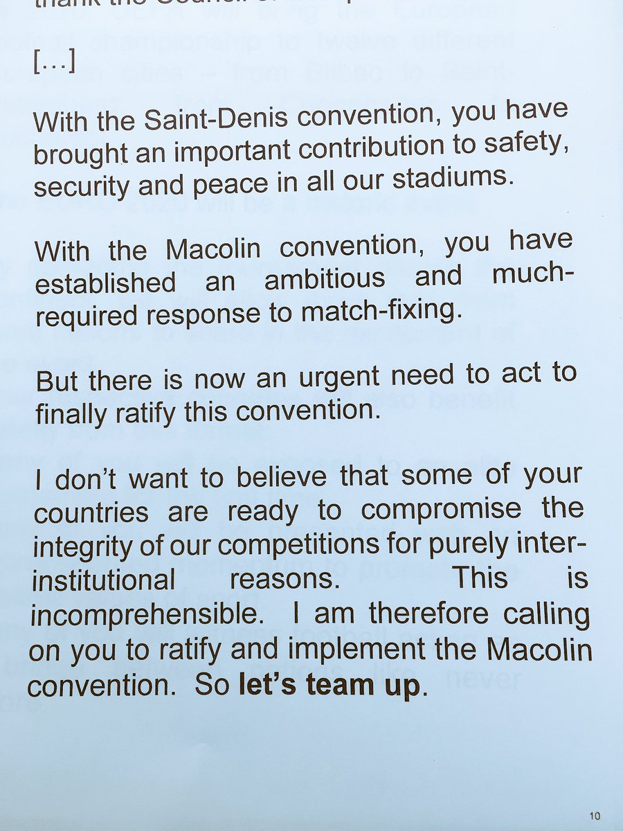 <a href="/UEFA/">UEFA</a> President #Ceferin calls Council of Europe 47 States 2 ratify <a href="/coe/">Council of Europe</a> convention against #matchfixing @KCOOS_coe  <a href="/PROS4_coe/">PROS4+</a> @EPAS_APES