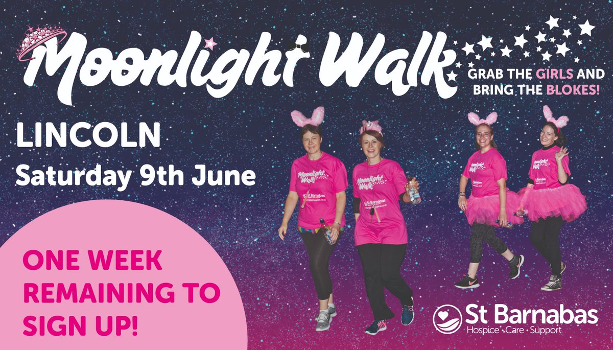 StBarnabasLinc's tweet photo. Celebrate pay day by signing up to the Moonlight Walk Lincoln... 🌜👟

There is now only ONE WEEK left to sign up for our annual 10k night walk around Lincoln, and we don't want you to miss out!

Sign up here 👉 https://t.co/YTDpsVctrq

#MoonlightWalk18 #Lincoln https://t.co/PTnmhf6Mm8