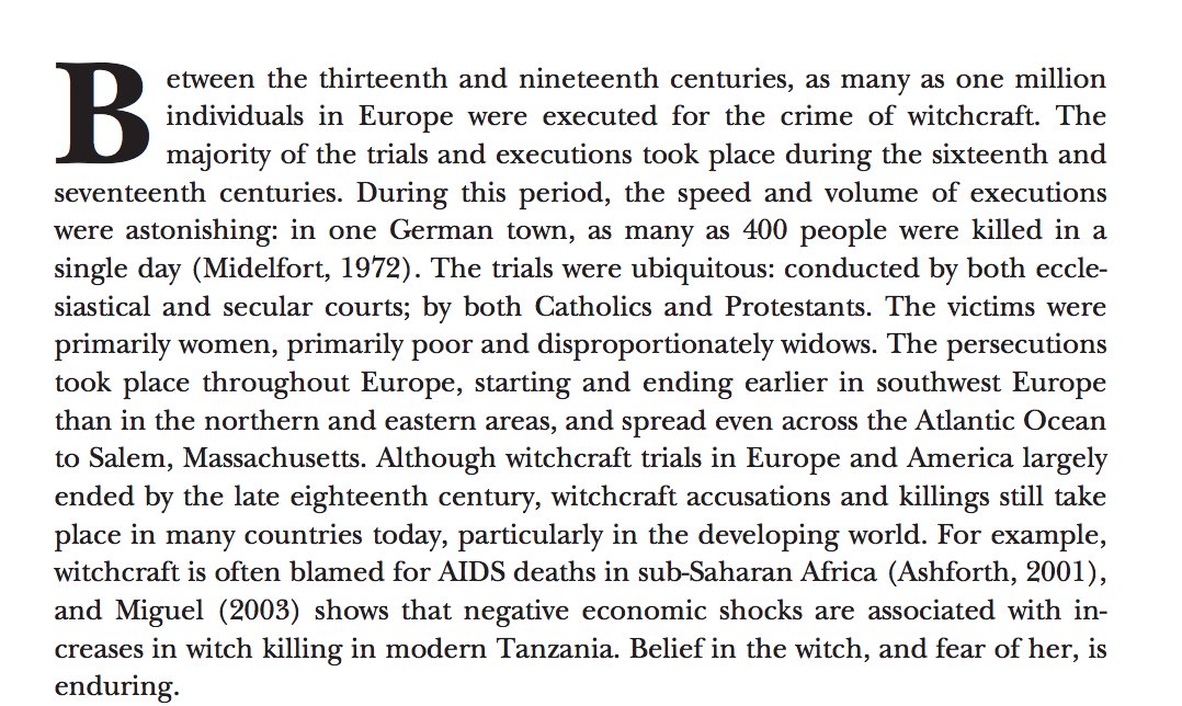 I spoke too soon; here’s another one: @ProfEmilyOster (2004) "Witchcraft, Weather and Economic Growth in Renaissance Europe" https://www.aeaweb.org/articles?id=10.1257/089533004773563502