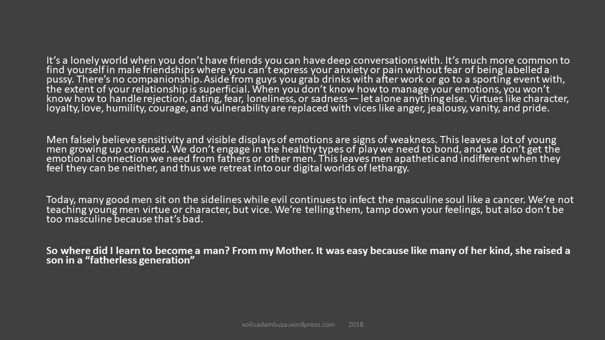 Xolisa_Dambuza's tweet image. Raising Sons in a Fatherless Generation 

#ABlog