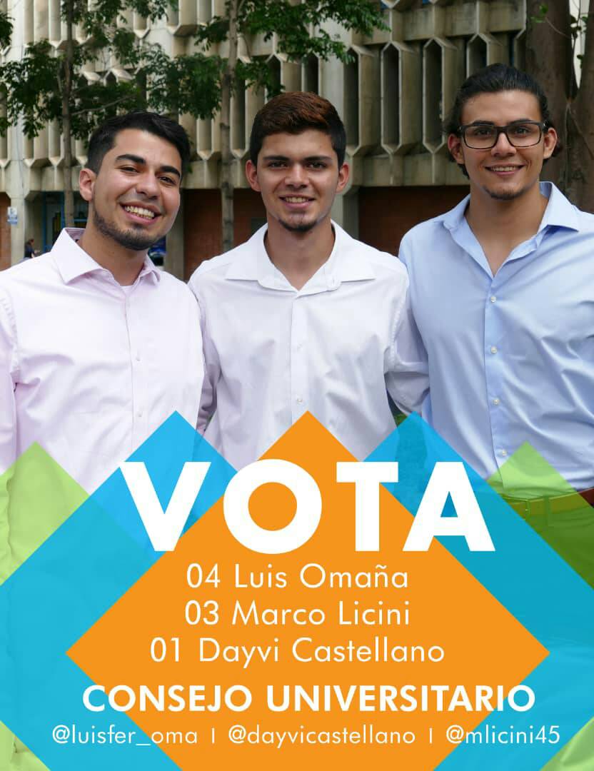 UnionComSoc's tweet photo. ¿Aún no sabes por quién votar para Consejo Universitario? Apoya a nuestros candidatos: Daivy Castellano, Marco Licini y Luis Omaña. #Vota01 #Vota03 y #Vota04 https://t.co/VPt9EsW5ki