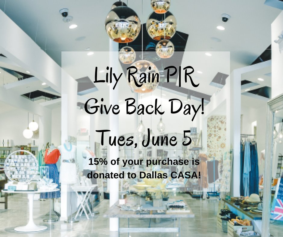 DallasCASA's tweet photo. Are you ready for some new summer clothes and accessories?!? Lily Rain - Preston Royal is hosting Give Back Tuesday on June 5 and donating 15% of sales to Dallas CASA! A perfect time to freshen up your wardrobe and get set for summer! #givebacktuesday #shop4acause https://t.co/4K4vP7eIXh