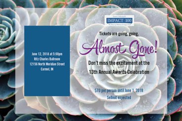 Going, going, almost gone! Don’t miss the excitement of the 13th Annual <a href="/IMPACT100Indy/">IMPACT 100 INDY</a> Awards Celebration. Purchase your ticket today before they are all gone! #Impact100Indy #GivingAsOne
ow.ly/COuM30k4dj5