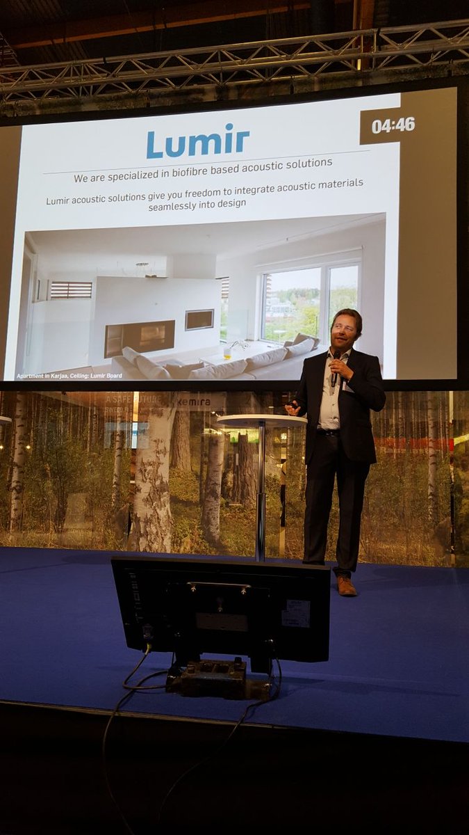 Biofibre based acoustic solutions for decreasing echo and increasing comfort! Innovative Bioproducts program member Lumir pitching at Pulpaper exhibition. @PulPaperFi #pulpaper2018 #lumir