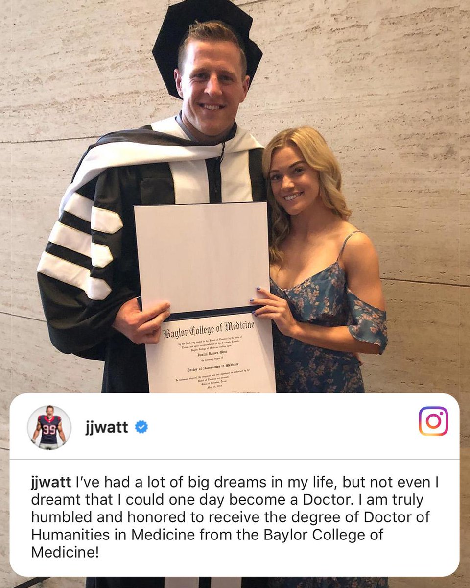 SportsCenter's tweet photo. JJ Watt was awarded an honorary doctorate degree by Baylor School of Medicine for raising over $37 million for those affected by Hurricane Harvey. https://t.co/zfJ2wMPQqG