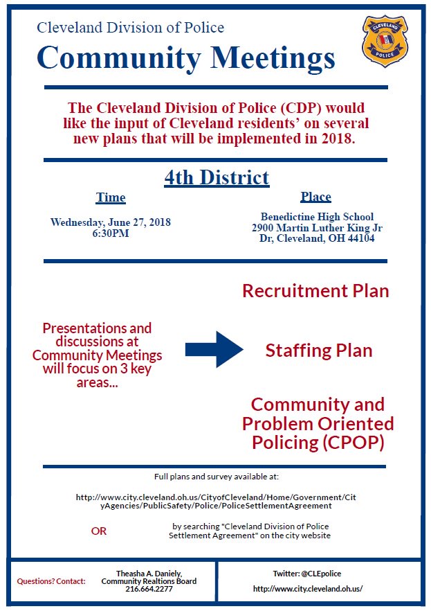 nupointcdc's tweet photo. Mark your calendar for the next 4th District @CLEpolice meeting!  #Safety #SEcle @CityofCleveland https://t.co/0KjeZDguYO