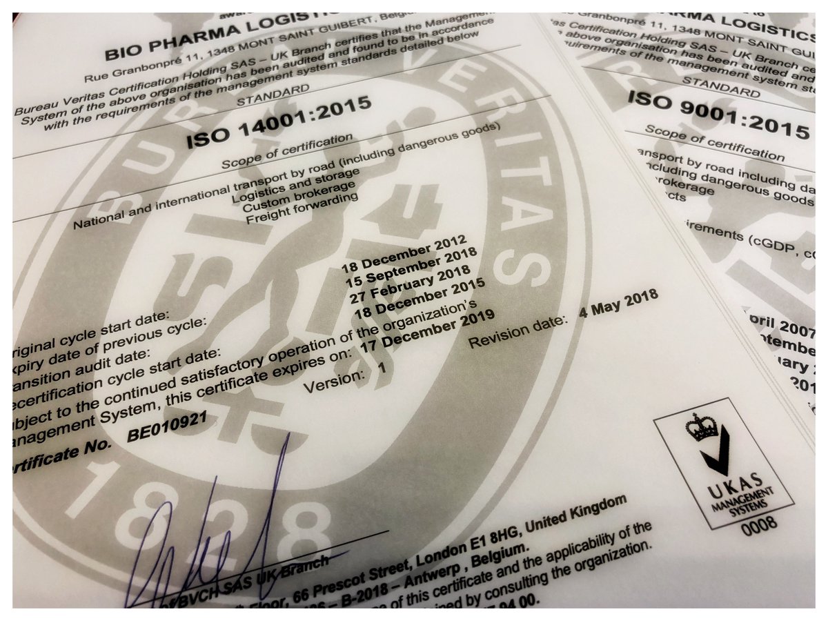 BPLogistics's tweet photo. Bio Pharma Logistics has been certified for ISO 14001 and ISO 9001 v2015 - proud of our team for yet another accomplishment! https://t.co/6w7QXDZI0x