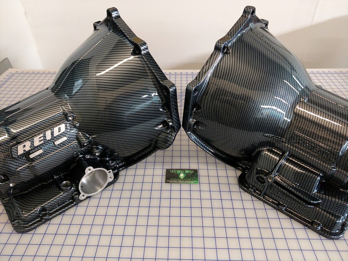 Another couple carbon fiber dipped Reid Powerglide transmission cases ready to go. 
 #CuttingEdgeHydrographics #hydrographics #hydrodipping #hydrodip #watertransferprinting #ftiperformance #fti #reidracing  #monsterjam  #gravedigger #maxd #NHRA #IHRA #ProMod #lightsout #nomercy