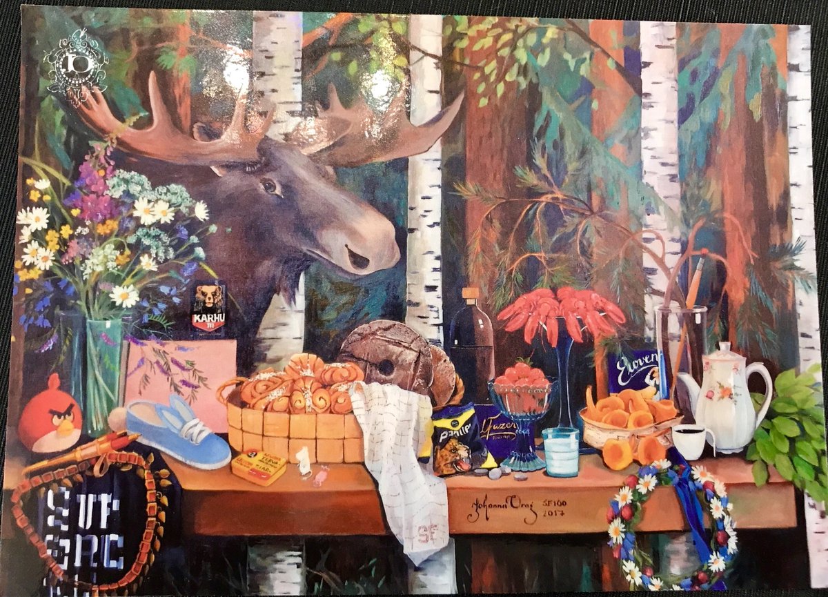 finntour's tweet photo. サイマー在住の芸術家によるThis is Finland.というアート作品。シナモンロール、ムーミン、カルフビール、ゲイシャチョコ、ヘラジカ、ザリガニなどなどフィンランドを代表するアイテムが勢ぞろい。 #saimaalife https://t.co/tkvms8vZwl