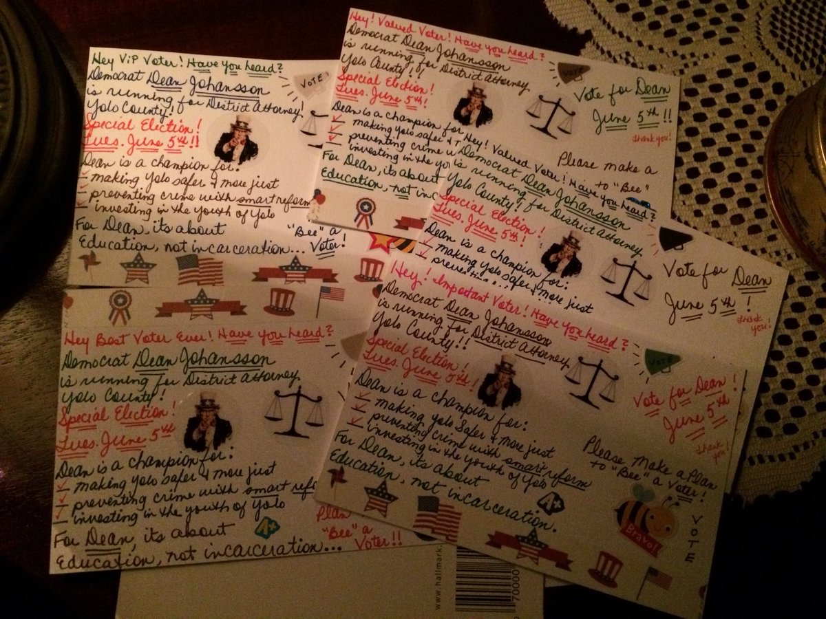 ASauer8's tweet photo. #PostcardstoVoters that went out earlier for #Dean4DA #DeanJohansson running for District Attorney in #YoloCounty #CA June 5th! https://t.co/JKk503oPeO