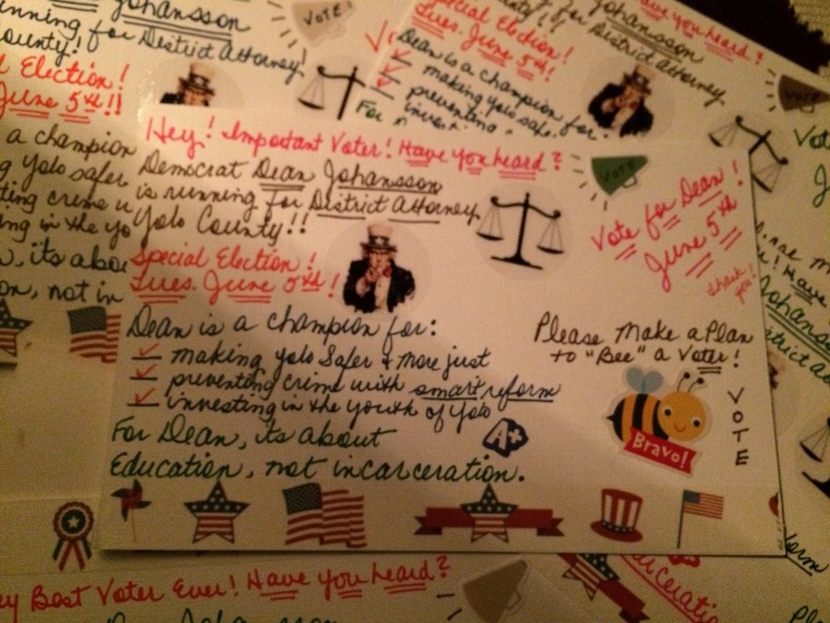 ASauer8's tweet photo. #PostcardstoVoters that went out earlier for #Dean4DA #DeanJohansson running for District Attorney in #YoloCounty #CA June 5th! https://t.co/JKk503oPeO