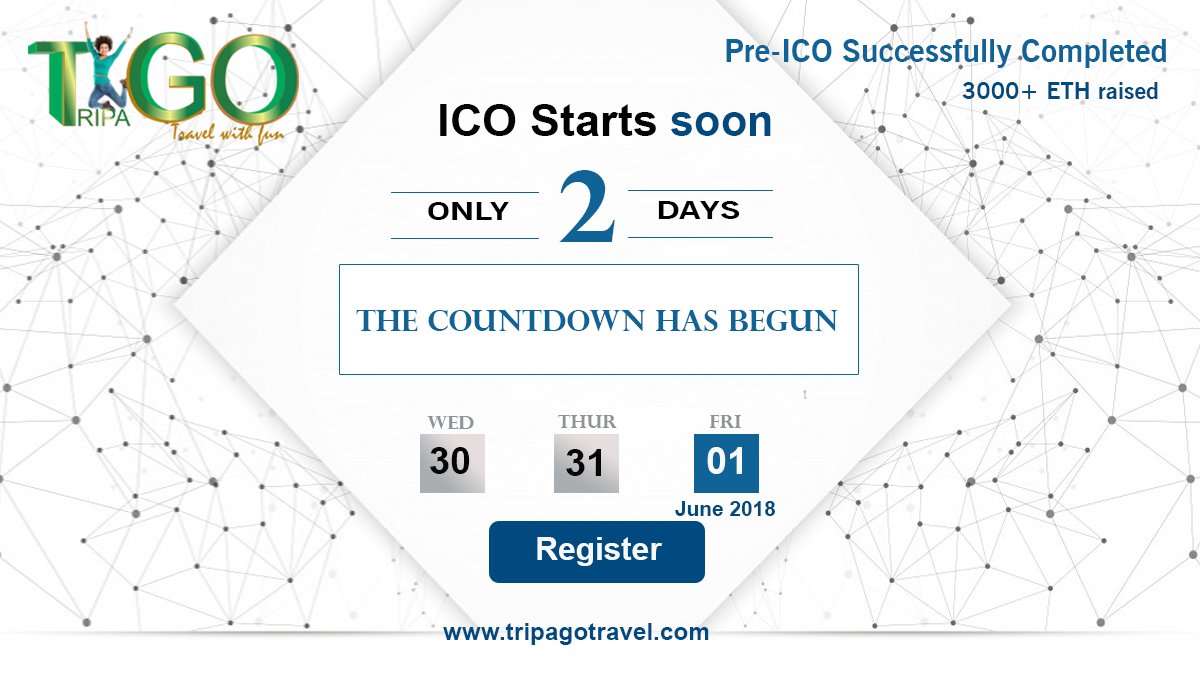 ICO Starts soon!😀Only 2 Days left! Register Now! For more details visit: tripagotravel.com
#tripagotravel #ICO #TPG #referral #bounty #airdrop #blockchain