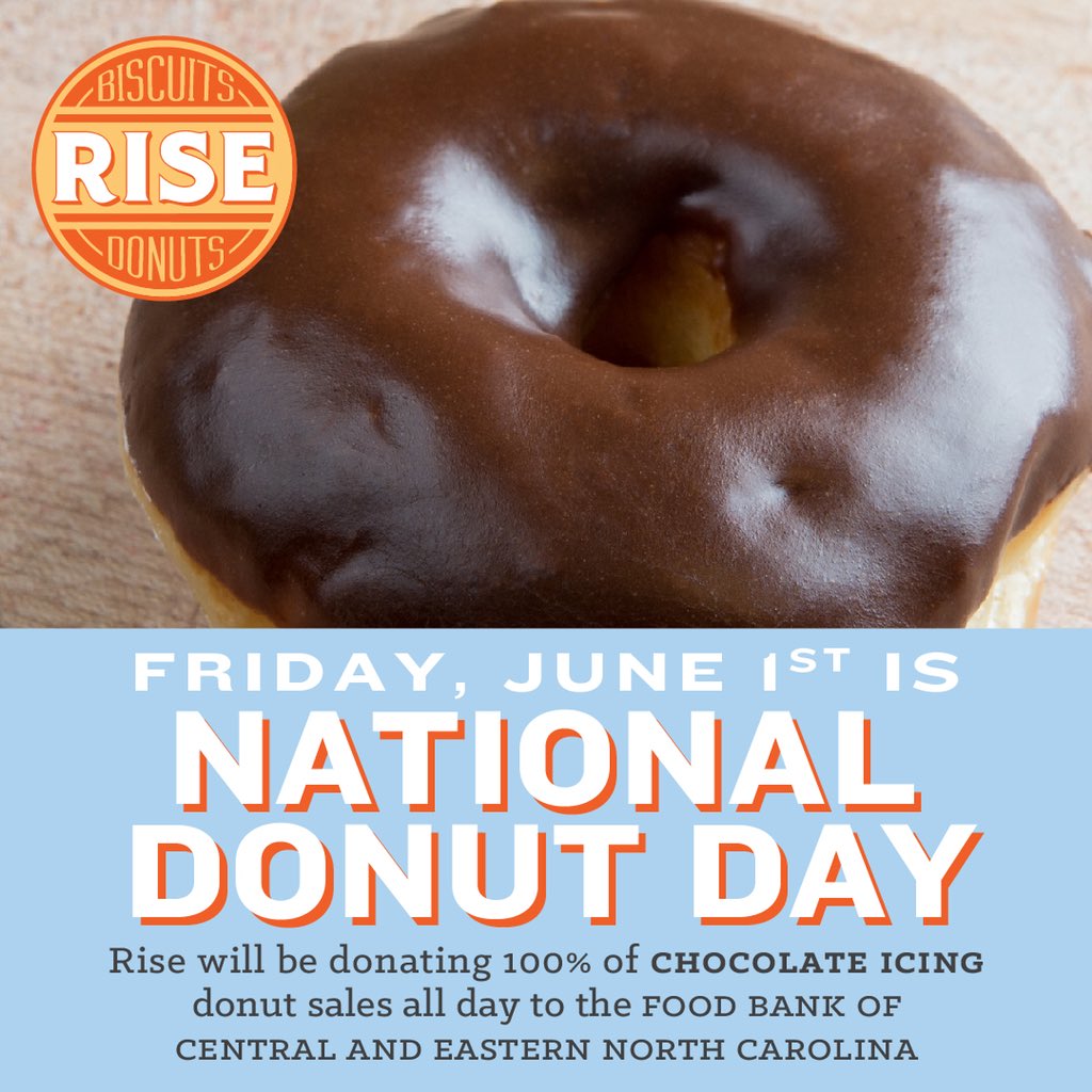 emohrberg's tweet photo. 🚨🚨🚨 Mark your 📆! June 1st is National 🍩 day! 💯 of 💰from the 🍫icing 🍩 at @risebiscuitsdonuts will be donated to @foodbankcenc! 👌🏼excuse to indulge! #winwin #risedonuts #thanksrise #noonegoeshungry #fighthunger 💪🏻 https://t.co/pCEjI4xAWs