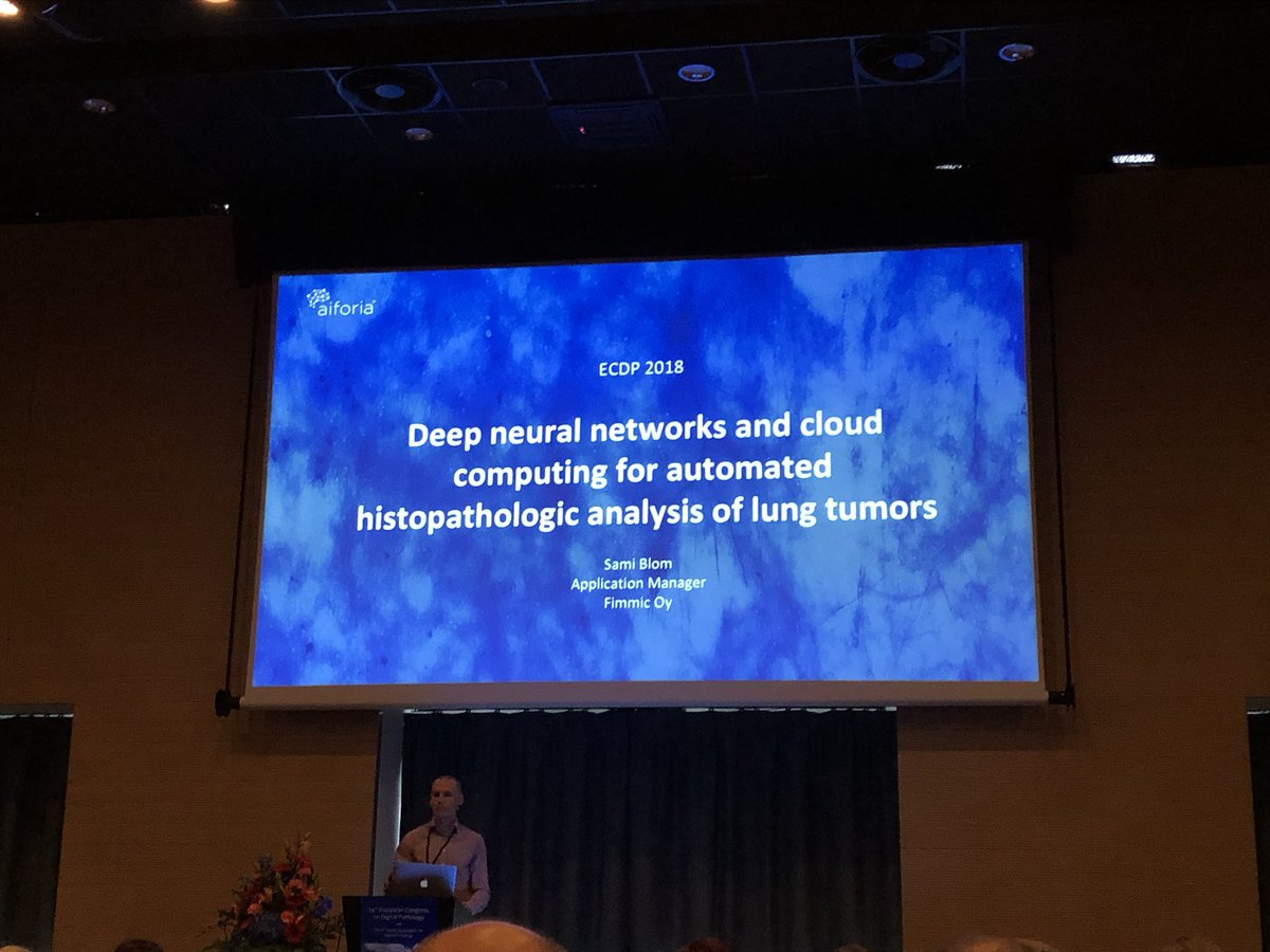 kaisa_helminen's tweet photo. @fimmic & @samiblom on stage presenting how #aiforiacreate has been used to automate lung tumor grading #ECDP2018 https://t.co/N0IThrfCRv