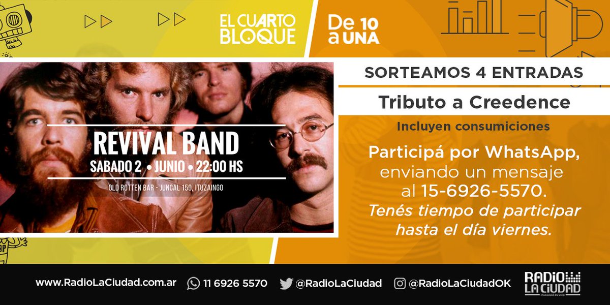 KamikazeStream's tweet photo. 📢#De10aUNA y #ElCuartoBloque SORTEAN 2 PARES de entradas (cada una incluye consumición) para ir a ver "Revival Band - Tributo a Creedence" en @oldrotten 📢Sólo tenes que mandar un Whatsapp con tu nombre y los últimos 3 dígitos de tu DNI. 📻#RevivalBand #Creedence #RadioLaCiudad https://t.co/3I8uqkXsK4