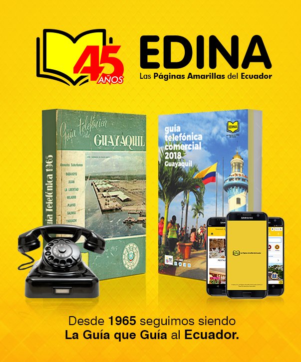 Edina_EC's tweet photo. Desde nuestra primera edición, en el año 1965, seguimos siendo la Guía que guía al Ecuador #45añosGuiaTelefonica https://t.co/9694GVjWs2