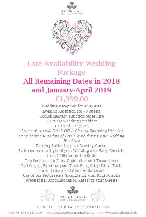 Late Availability Weddings until April 2019! Grab a bargain at the award winning Aston Hall - Yorkshire &amp; Humberside's best wedding venue! #weddingoffer #dreamwedding #yorkshirewedding #sheffieldwedding #sheffieldissuper #rotherhamiswonderful #bargainwedding #yorkshirebrides