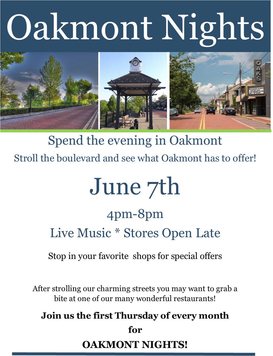 Oakmont Nights - mailchi.mp/5cf1be7601af/o…

The Oakmont Chamber of Commerce is starting a tradition the first Thursday of every month in an attempt to bring new people into town; "Oakmont Nights" featuring live music, food trucks, and stores will be open late!