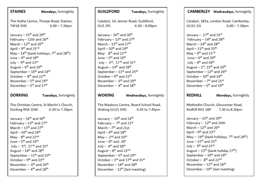 Do you care about someone with a drug or alcohol problem and need some extra support? We offer family and friends support groups across #surrey. 

Groups in #dorking &amp; #Guildford TONIGHT

2018 Timetable below: 

#drugs #alcohol #Support