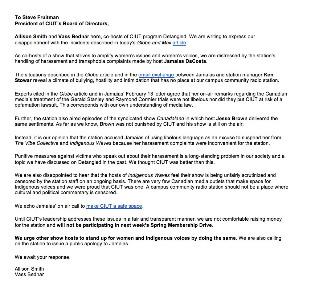 detangledciut's tweet photo. In response to today's Globe and Mail article about CIUT's handling of harassment complaints and its treatment of Indigenous hosts, Detangled will not participate in next week's Spring Membership Drive. Our letter to CIUT's board chair is attached. https://t.co/X6bchuSdbe