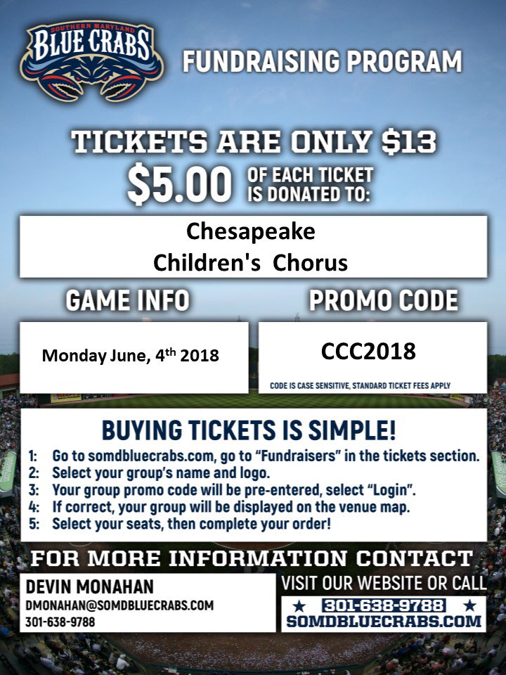 stmariescc's tweet photo. CCC will once again have the honor of singing the National Anthem for the Southern Maryland Blue Crabs! Come hear us sing on Monday, June 4th. View the information below on how you can get tickets. All proceeds benefit St. Maries Choral Arts! https://t.co/c3MdBu942f