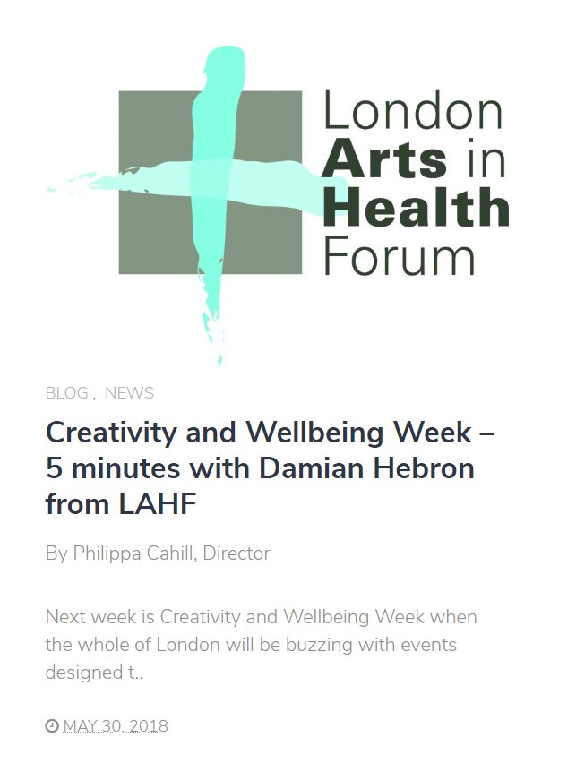 Creativity and Wellbeing Week kicks off on Monday! Our thanks to Damian @DamianHebron for finding time for a chat: bit.ly/2IZbjUq #CreativityandWellbeing #artshealthwellbeing @LAHFArtsHealth