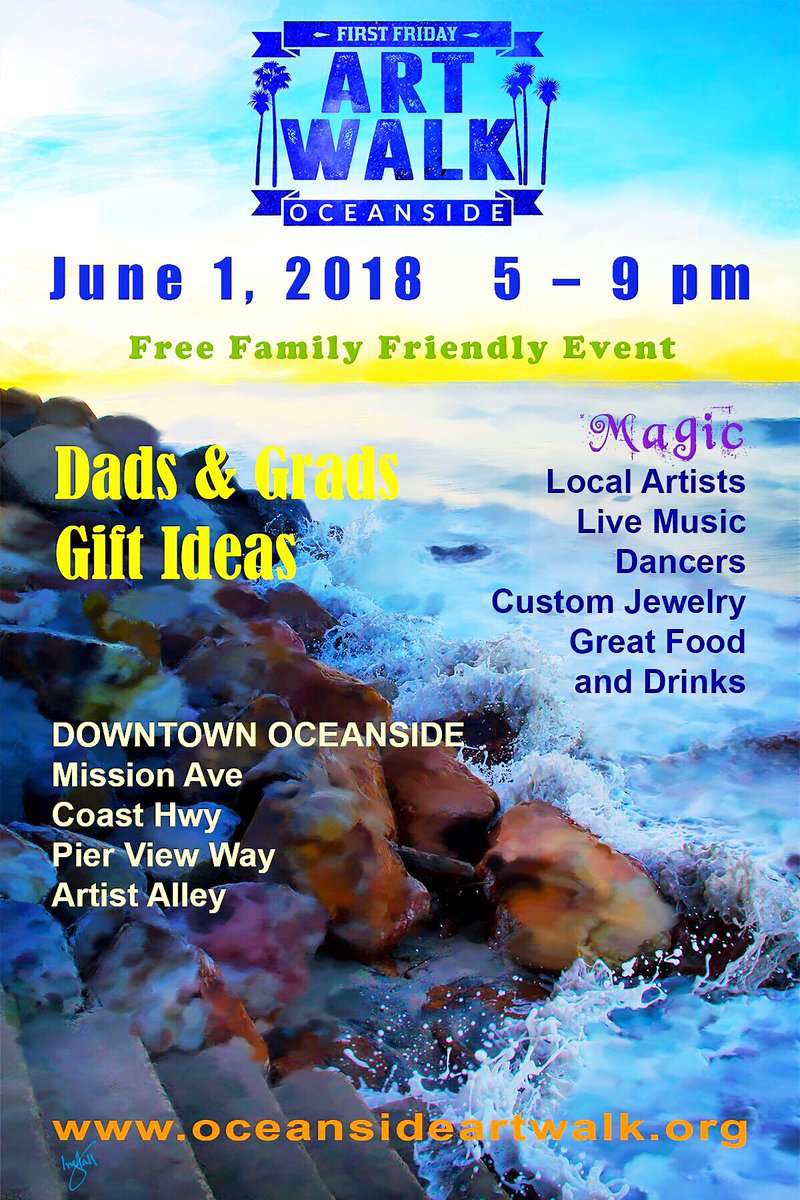 CityofOceanside's tweet photo. Have you been to the @OsideArtWalk ?  It's happening again this Friday, June 1!  Featuring magic, local artists, live music and dancers.  #Free   #FamilyFriendly  #Art  #Music  #Magic  #Dancers  #Painting  #Sculpture  #Photography https://t.co/nQ3FahJGZS