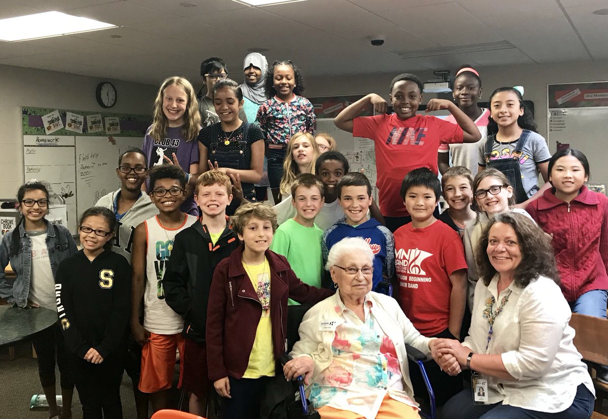 LHTanglenSchool's tweet photo. Today Ms. Rossow's class was honored by a visit from Esther Begam.  Mrs. Begam is one of our GRIT wall honorees and the great-grandmother of one of our Tanglen Tigers.  #TanglenPride https://t.co/H4LF9yVjKj