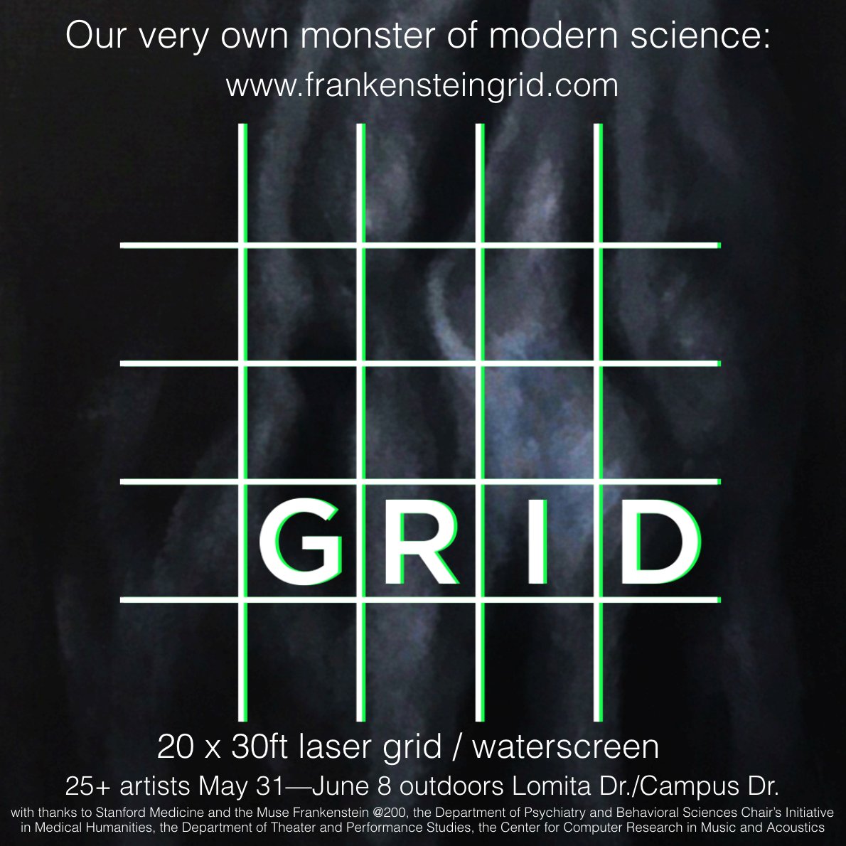 StanfordF200's tweet photo. This Thursday at 8 pm! The Frankenstein GRID is Stanford's very own monster of modern science. Outdoors among the trees, the 20 x 30ft laser grid, waterscreen, and immersive sound environment features work by 25+ local and international artists! #frankenstein200 https://t.co/pMKbS9oQcg