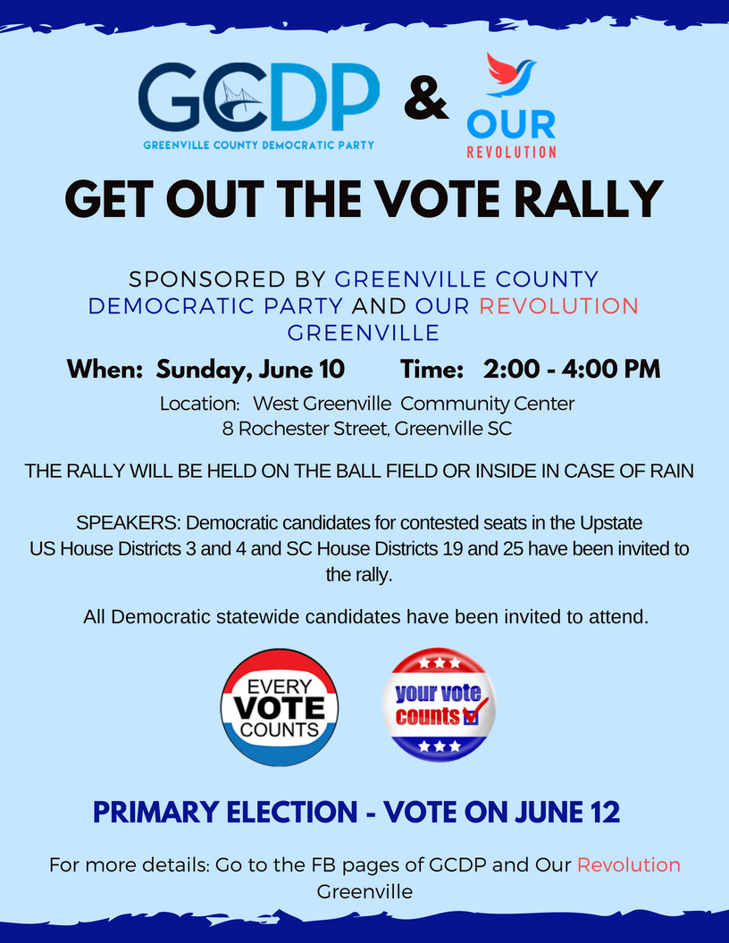 HaoWuSC's tweet photo. Come meet all your SC Democratic candidates on Sunday, June 10th from 2-4 pm. All local candidates from US Districts 3 and 4 as well as SC House Districts 19 and 25 have been invited. @GVLDem @GvilleYoungDems @OurRevolutionSC
#scpol #thisishaowedoit https://t.co/pvLRtNDfI3