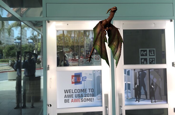 AugmenteumInc's tweet photo. Augmenteum’s flying dragons are everywhere at #AWE2018. See our demos at the Hyatt, 2nd do, Central Room.  Drinks &amp; Demos tonight 5:30-9:30.  Free beer.  https://t.co/D1whwL3C8q https://t.co/AVDgGjBa4s