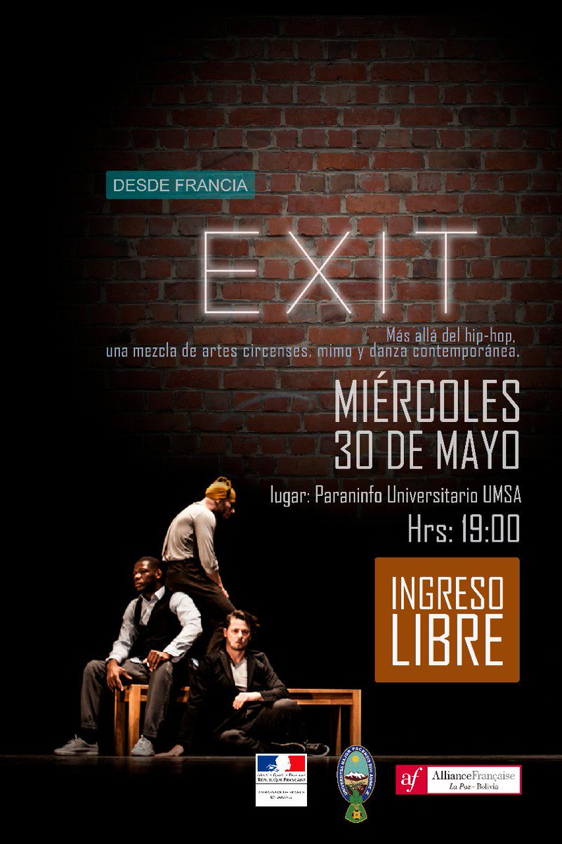 AFLaPaz's tweet photo. #DANZA
EXIT mezcla artes circenses, mimo y danza contemporánea.
Les esperamos en este maravilloso viaje entre la danza, el teatro y la música!!!!
Les esperamos hoy, miércoles 30 de mayo en el Paraninfo Universitario de la UMSA a partir de las 19:00 hrs. 
INGRESO LIBRE. https://t.co/qBDMNNRi7F
