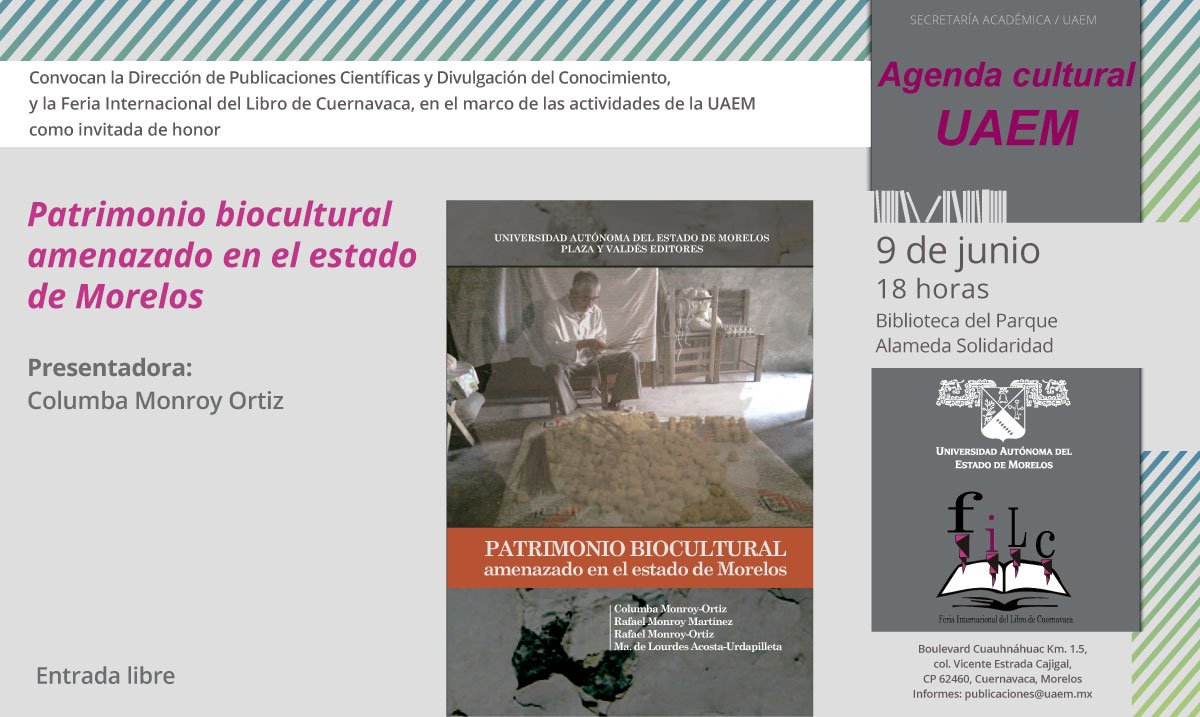 EdicionesUAEM's tweet photo. Presentación del libro Patrimonio biocultural amenazado en el estado de Morelos, por Columna Monroy, 9 jun, 18 h @FILCuernavaca
#FILCuernavaca #UAEM #Morelos #PresenciaEditorial #EdicionesUAEM https://t.co/WifPuclCr4