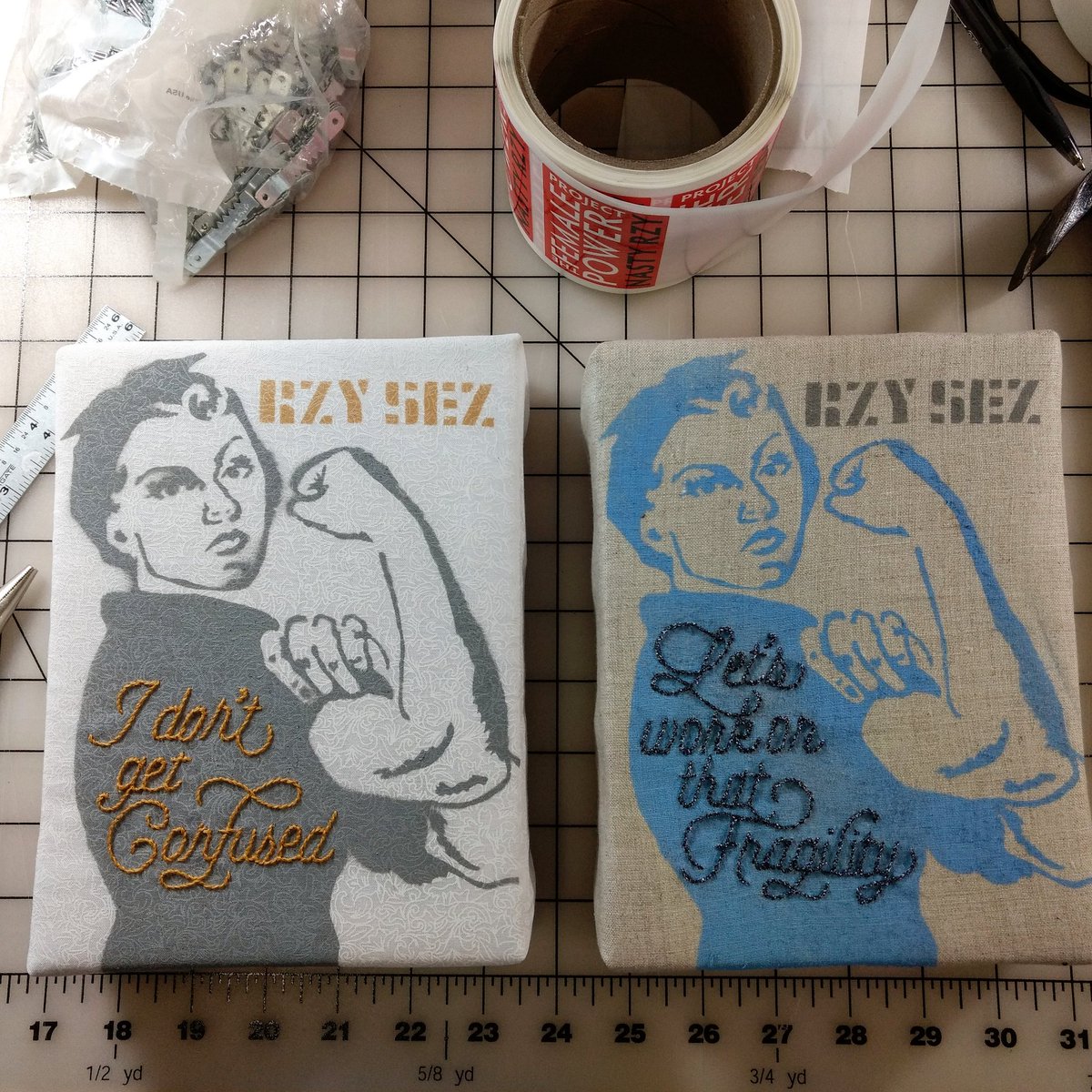 LedaBlackArtist's tweet photo. New Nasty RZY embroideries! "I don't get confused" will be at @femmefataledc and "Let's work on that fragility" is at Black Lab right now. $125. I can ship them to you! #FemalePowerProject #rosietheriveter #craftivism #embroidery #madeindc #aCreativeDC #idontgetconfused https://t.co/SryInyChBc