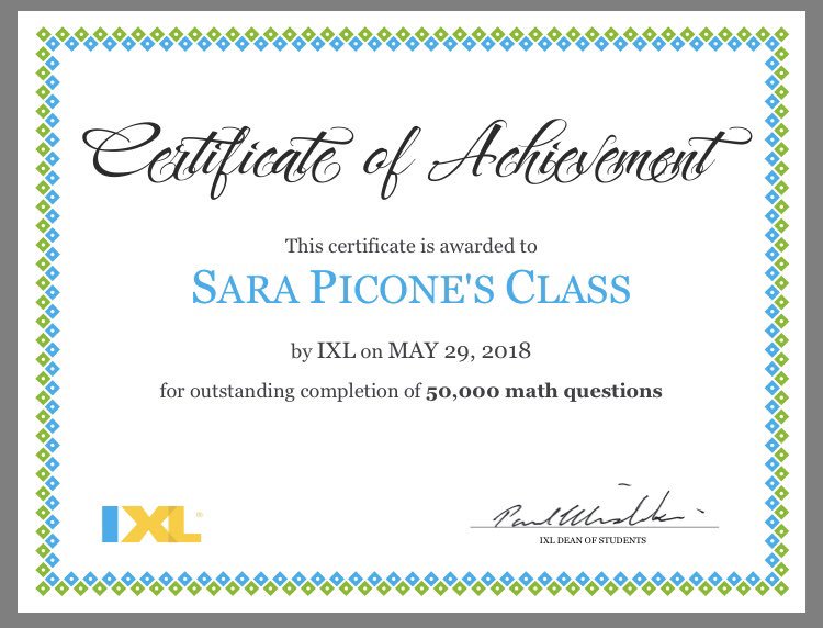 picone_s's tweet photo. Awesome way to end the year! My class loved practicing math skills at home and 1x a week at school. 50,000 problems for a class of 26! WOW! #ixlmath #everykid @CindyDucca @CrestwoodSupt https://t.co/U1qC4wcOLD