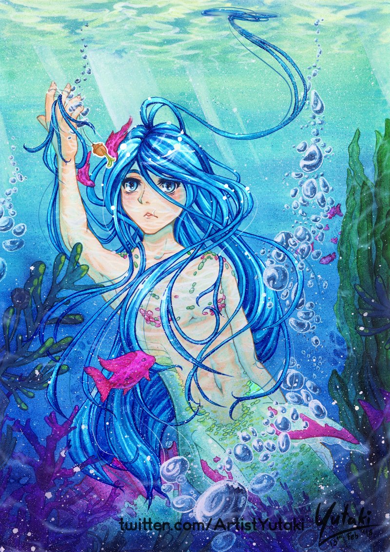 My piece for #mermay2018 💙
It's my friend <a href="/TulpenTeufel/">Tulpen-Teufel</a> 's OC Fridolin aged up so I could draw flowy long hair underwater >v< Hope you people like it, it's my first picture I'm posting here on my Art Account (^0^)9