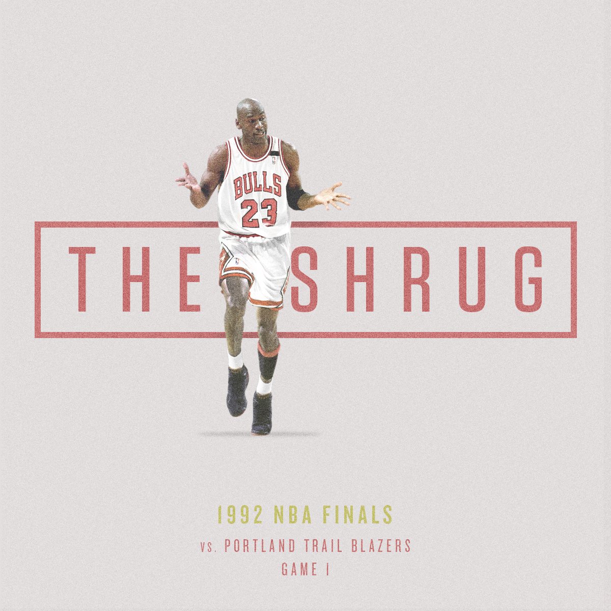 chicagobulls's tweet photo. On this day in 1992: MJ gave his famous shrug after making his sixth three-pointer in the first half of Game 1 against the Trail Blazers. MJ dropped 35 first half points which led to a W and ultimately led to a six-game NBA Finals win for the #Bulls second title 👌 https://t.co/7z0gXUPmag