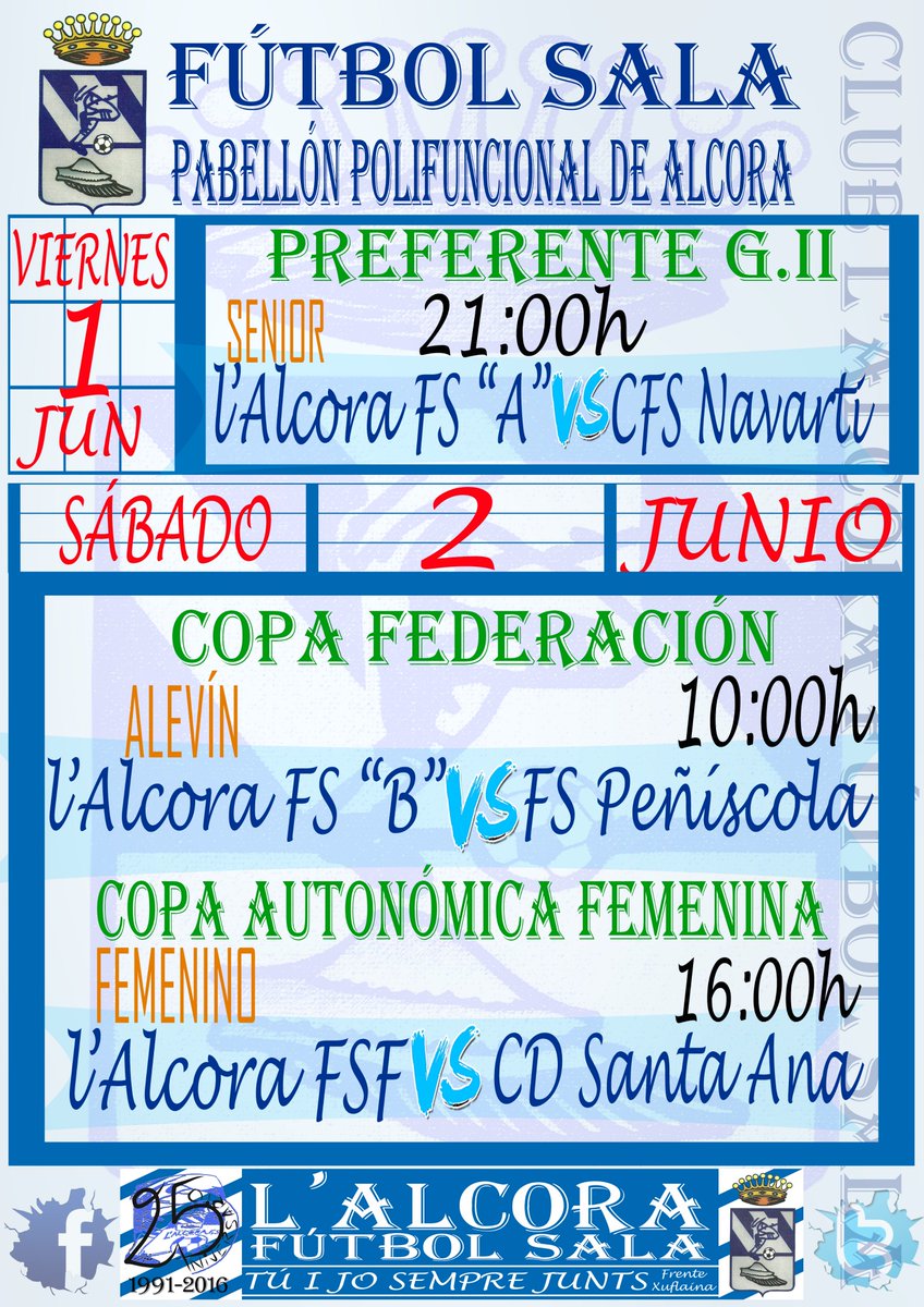 alcorafutsal's tweet photo. Buenas noches! Esta semana tenemos tres partidos en casa, empezando por el senior A que se juega la vida el viernes ante el CFS Navarti.
Os dejamos el cartel con todos los enfrentamientos.
⬇️⬇️⬇️⬇️⬇️⬇️⬇️
#AlcoraFS #CFSNavarti #AlcoraFSFemenino #ffcv #Preferente https://t.co/oKdJ3M0Opa